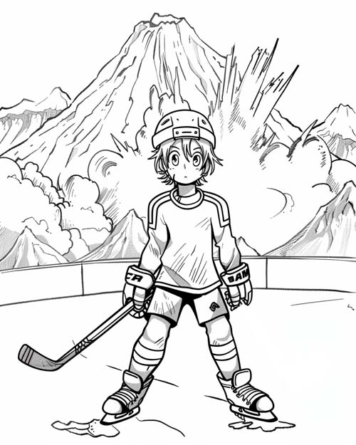 coloring page of a hockey player in a volcano