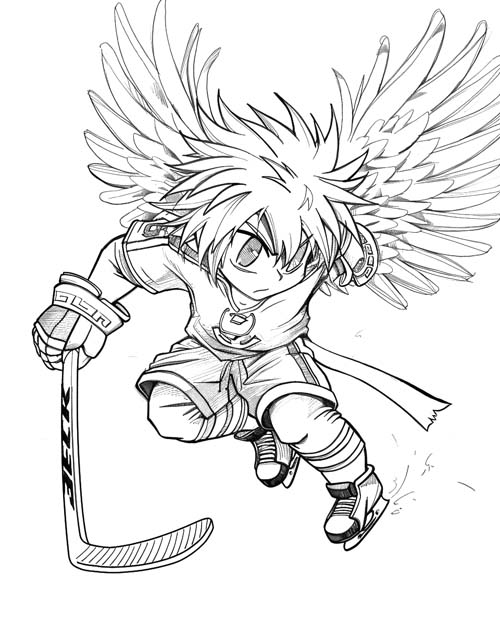 coloring page of a winged boy playing hockey