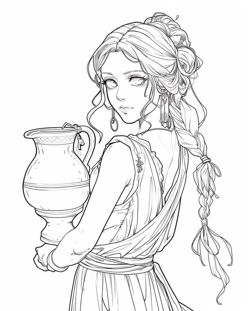 coloring page of an ancient Greek servant with a water jug