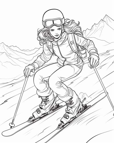 coloring page of a woman skiing with a helmet