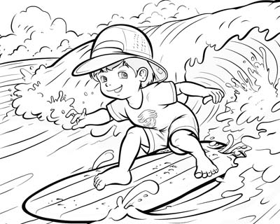 coloring page of a child learning to surf
