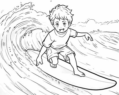 coloring page of a boy surfing