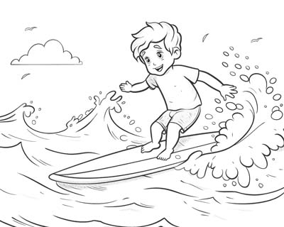 coloring page of a boy surfing