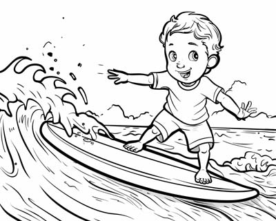 coloring page of a child surfing