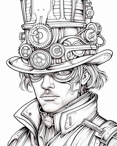 Steampunk man with gears tophat coloring page