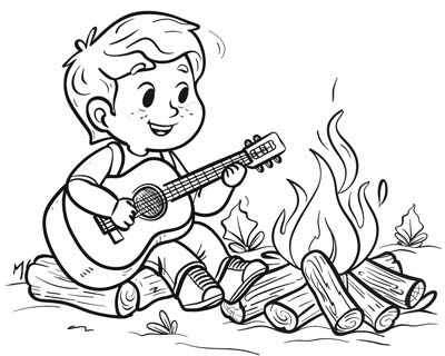 coloring page of a boy singing and playing campfire songs