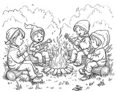 coloring page of children inging campfire songs and playing ukelele