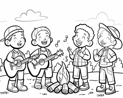coloring page of boys singing campfire songs and playing guitars