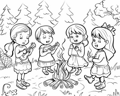 coloring page of girls singing campfire songs and playing ukeleles