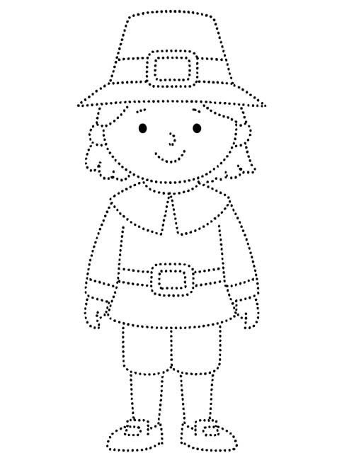 easy dotted outline coloring page of a pilgrim