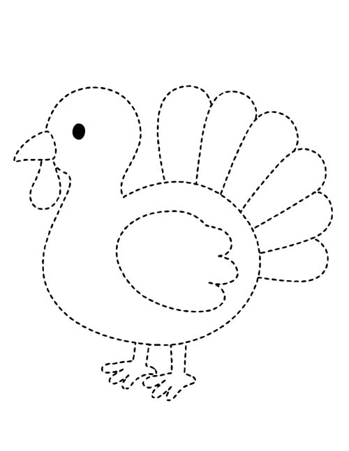 easy dotted outline coloring page of a turkey