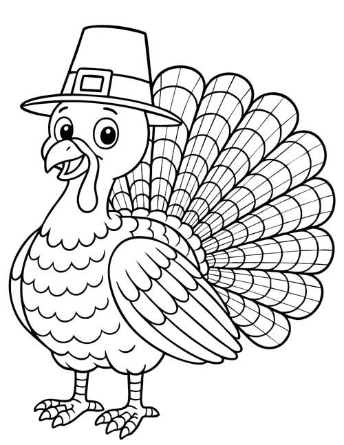 coloring page of a turkey in a pilgrim hat