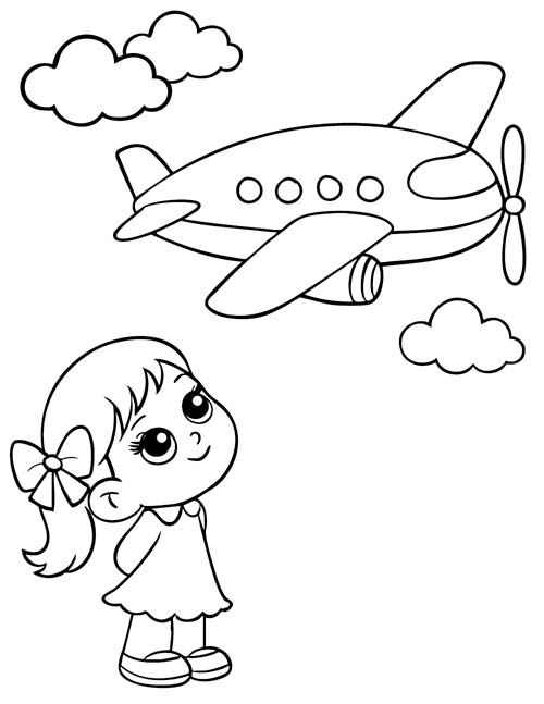 easy preschool coloring page of a little girl watching an airplane