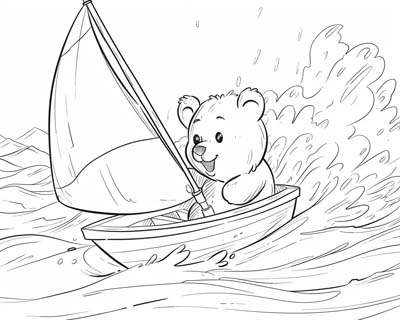 coloring page of a bear sailing a sailboat