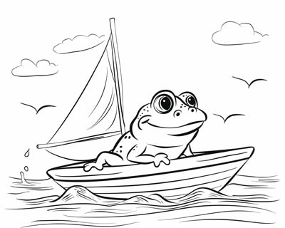 coloring page of a frog sailing a sailboat
