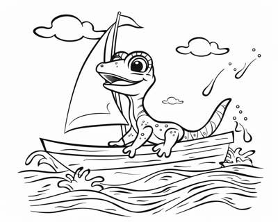 coloring page of a gecko sailing a sailboat