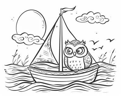 coloring page of a owl sailing a sailboat