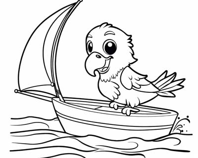 coloring page of a parrot sailing a sailboat