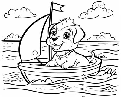 coloring page of a puppy sailing a sailboat