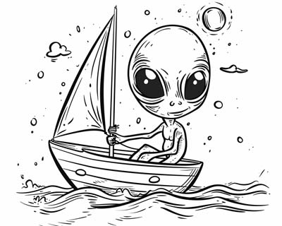 coloring page of an alien sailing a sailboat