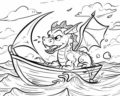 coloring page of a dragon sailing a sailboat
