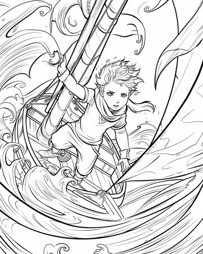 coloring page of an elf sailing a sailboat