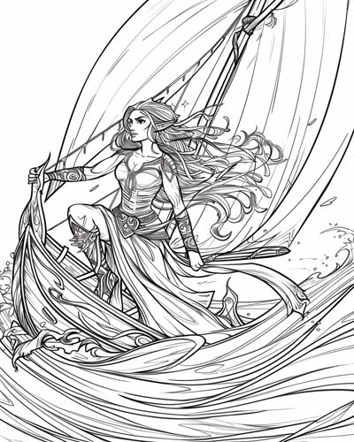 coloring page of an elf sailing a sailboat