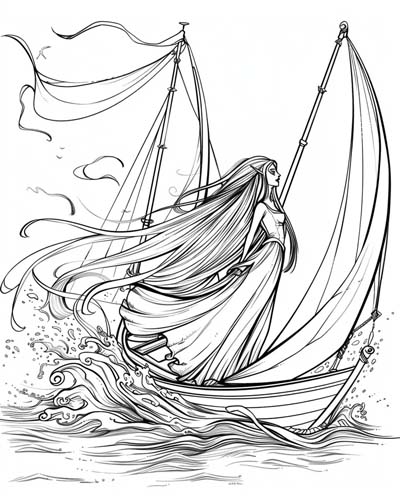 coloring page of an elf sailing a sailboat