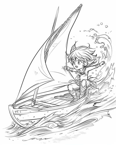 coloring page of an elf sailing a sailboat