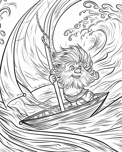 coloring page of a menehune sailing a sailboat