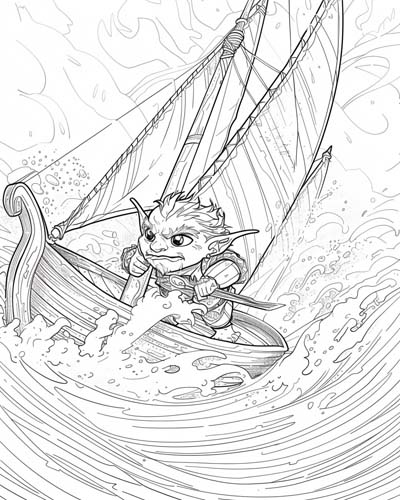 coloring page of a troll sailing a sailboat
