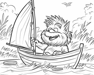 coloring page of a troll sailing a sailboat