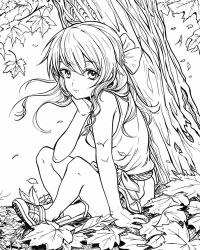 coloring page of a girl under a maple tree