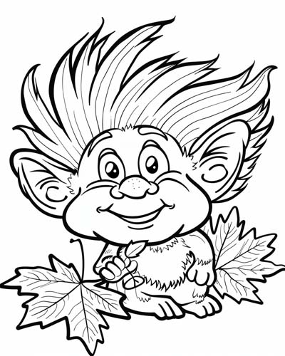 coloring page of a troll with maple leaves