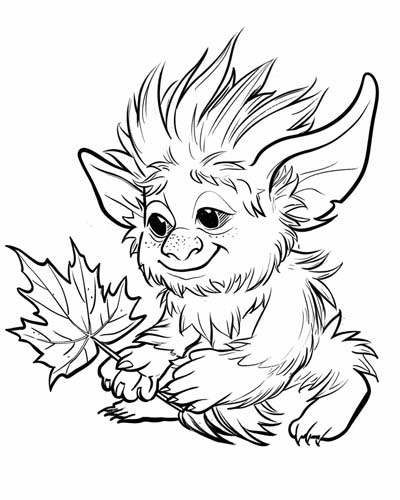 coloring page of a troll with maple leaves