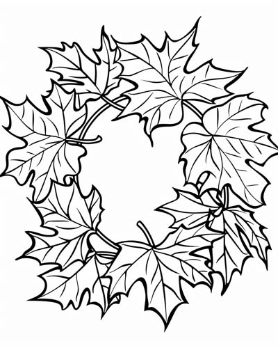 coloring page of a wreath of maple leaves