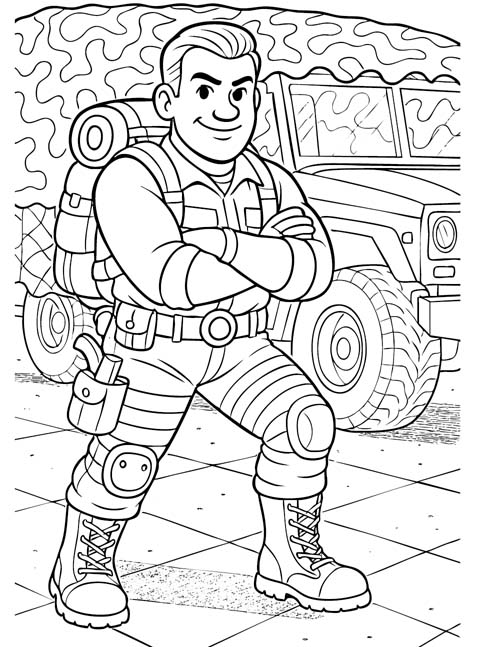 GI Joe coloring page of Duke and an army vehicle