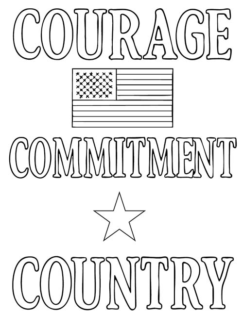 word art coloring page - Courage, Commitment, Country