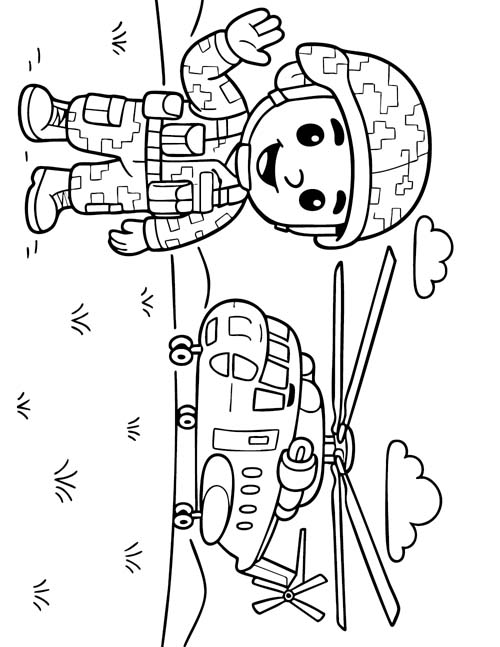 coloring page of a US marine and a helicopter