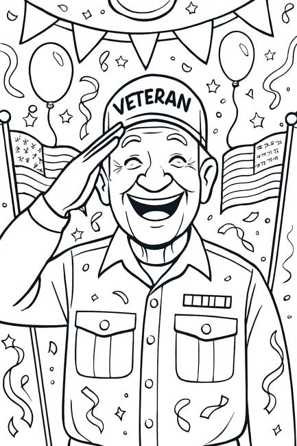 coloring page of a Veteran at a party