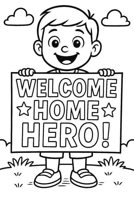 word art coloring page of a little boy holding a welcome home hero sign