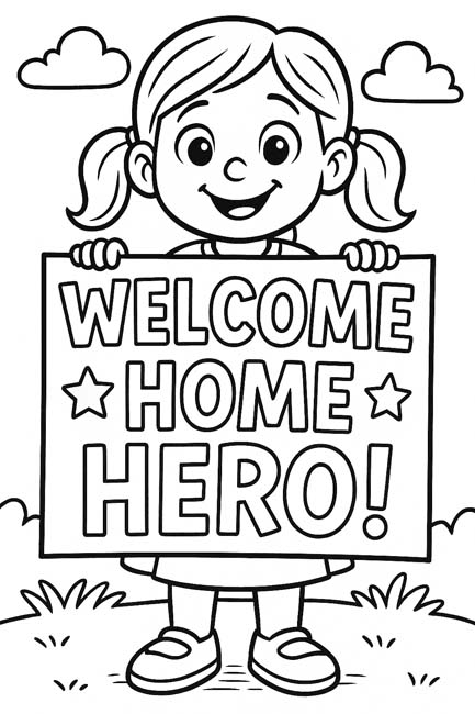word art coloring page of a little girl holding a welcome home hero sign