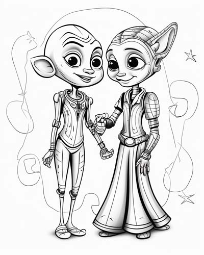 Aliens in love coloring page