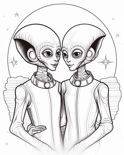 Alien couple in love coloring page