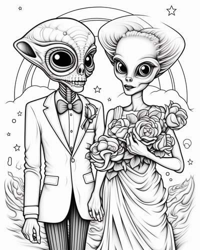 Alien couple in love coloring page