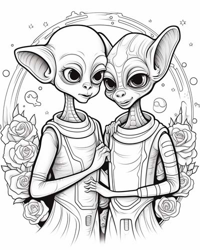 Alien couple in love coloring page