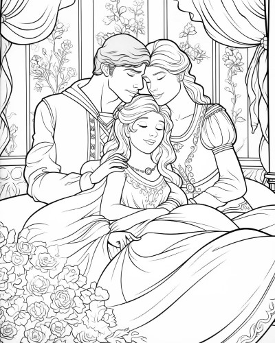 Fairy tale family love story coloring page
