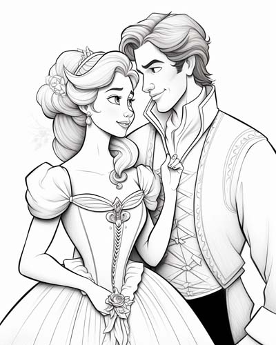 Fairy tale couple close up coloring page