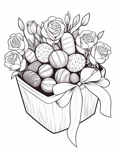 Chocolates and roses coloring page