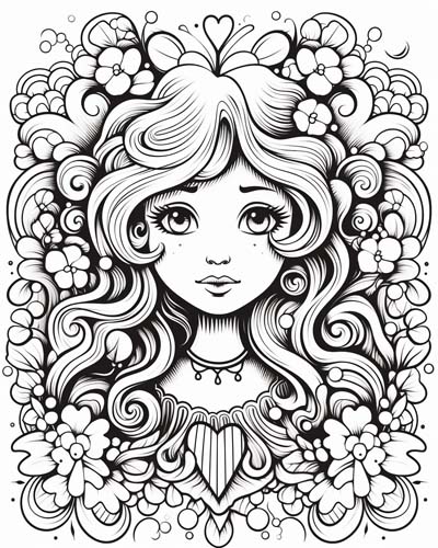 Valentine's Day woman with flowers coloring page